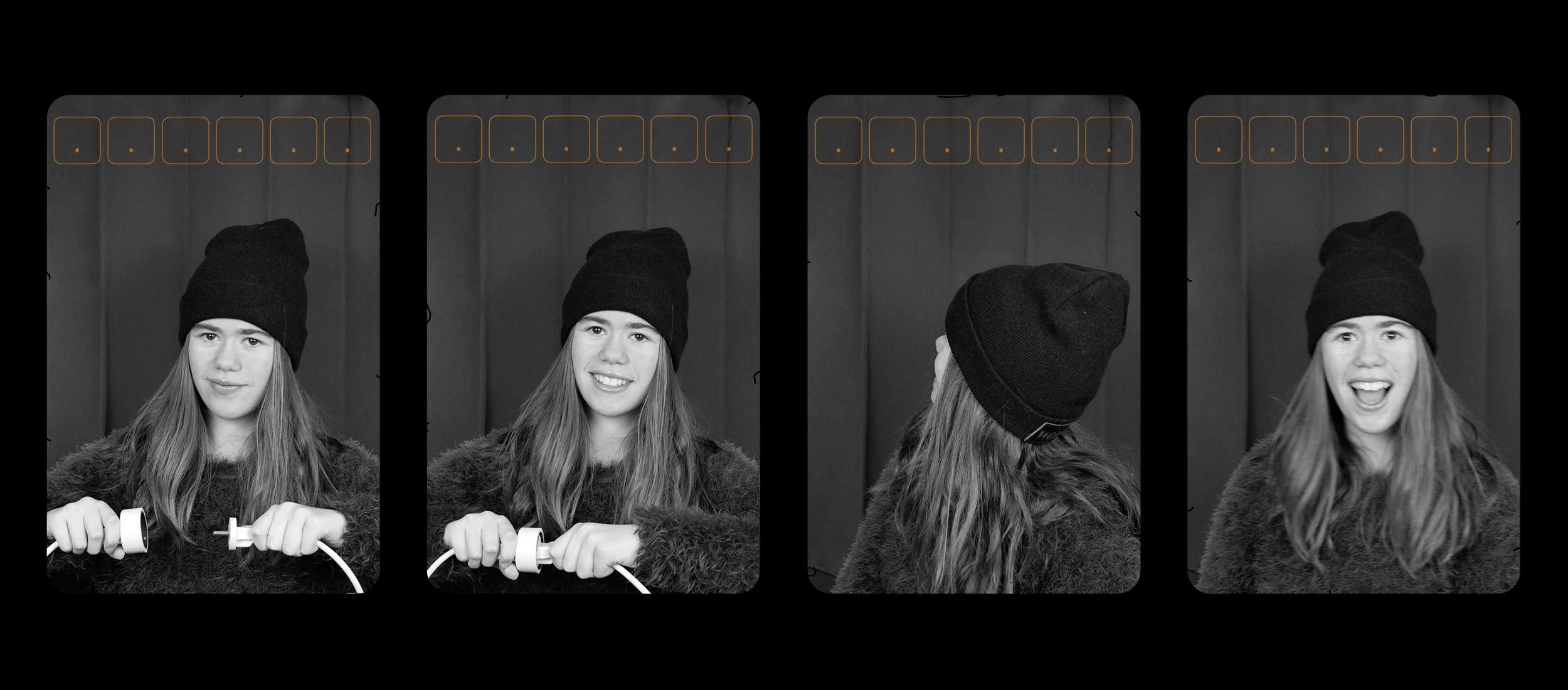 Art Digital animée, 4 photos d'une adolescente dans un Photomaton s'animent avec des néons oranges qui s'allument pour afficher l'adresse de mon site web "L’Oeil Orange .fr"