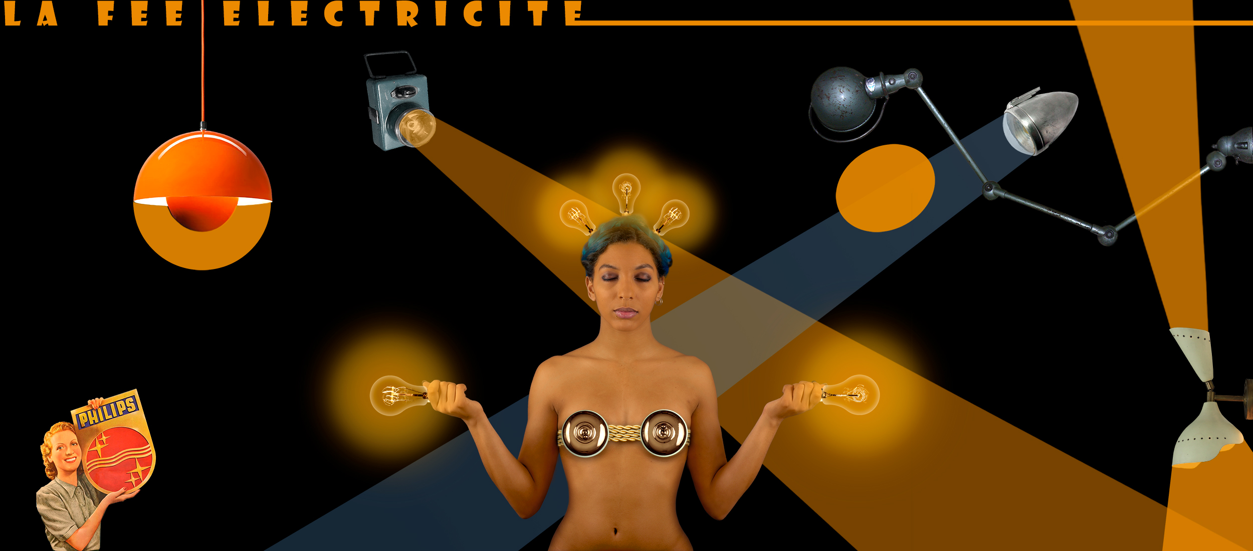 Art Digital, Collage numérique d'une femme représentant la Fée Électricité avec des interrupteurs cachant ses seins et des ampoules dans la coiffure, entourée de luminaires vintages.
