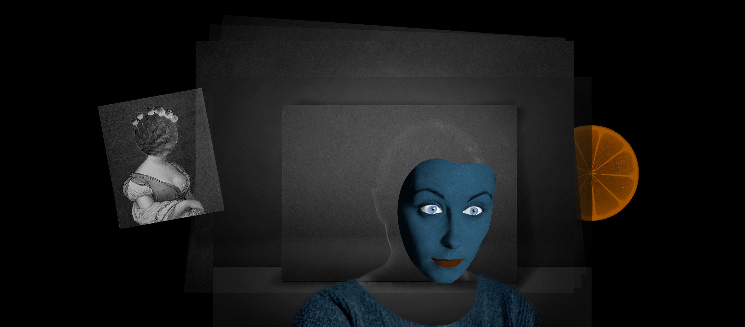 Art Digital, Collage de photos d'un masque bleu, d'une silhouette, d'une reine avec une tête de cactus, une orange sur des fonds noirs superposés.