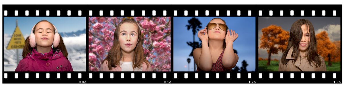 4 photos d'une petite fille dans des univers des 4 saisons, été, automne, hiver, printemps présentés comme une bande de pellicule 24 x 36.