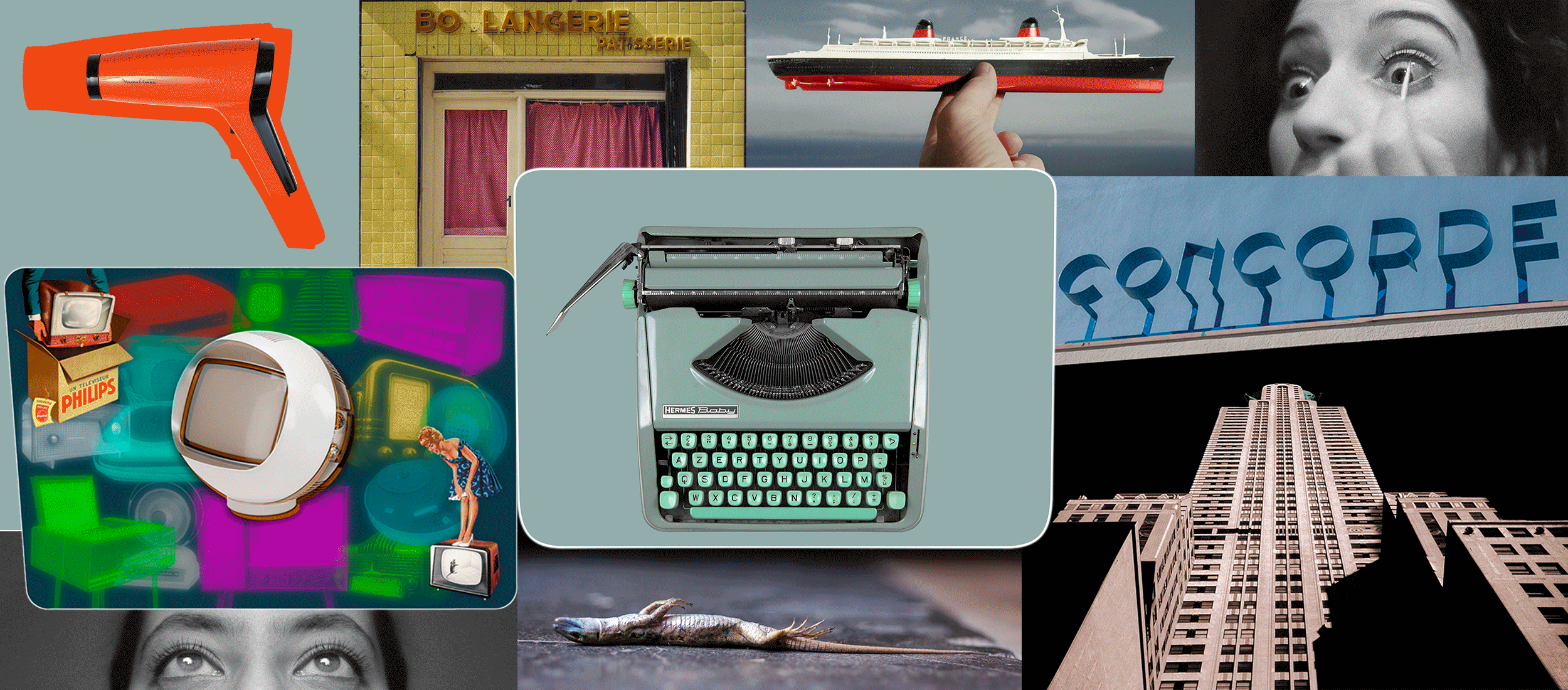 Art Digital, Collage de photos de machine à écrire, building New-yorkais, lézard, paquebot France, yeux, etc...