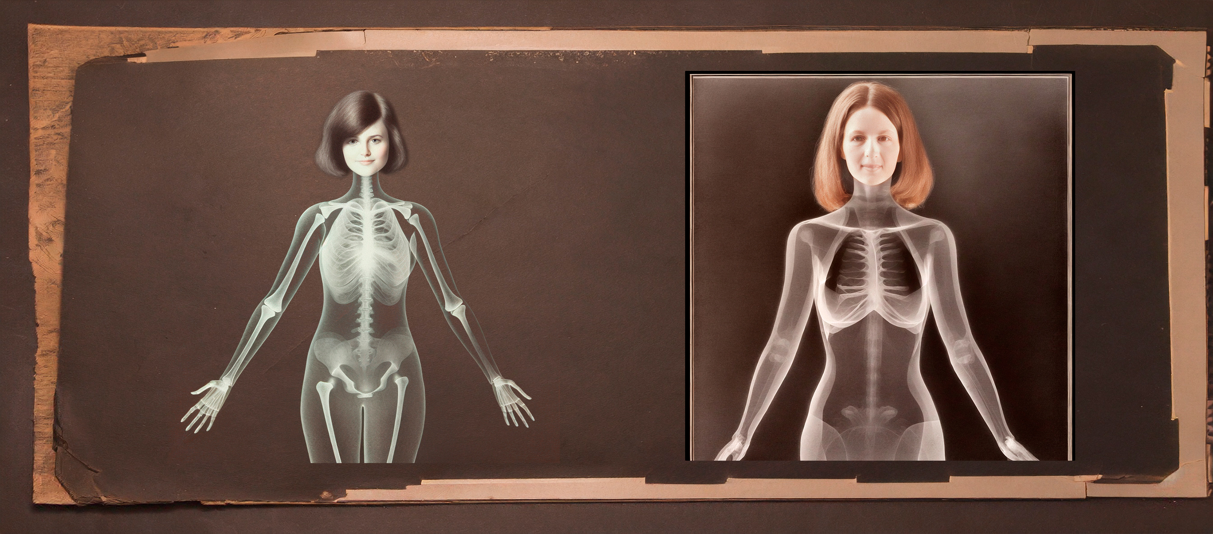 Image style photo ancienne, crée par Intelligence Artificielle via Firefly, squelettes aux rayons X de 2 femmes avec leurs visages et leurs cheveux.